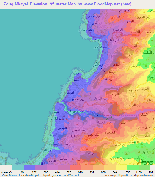 Zouq Mkayel,Lebanon Elevation Map