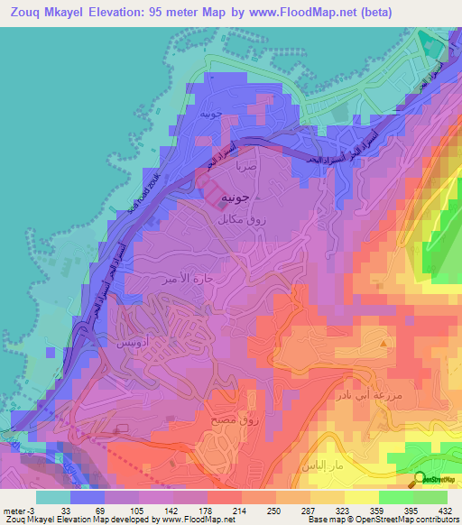 Zouq Mkayel,Lebanon Elevation Map