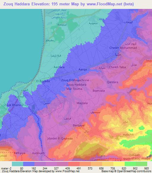 Zouq Haddara,Lebanon Elevation Map