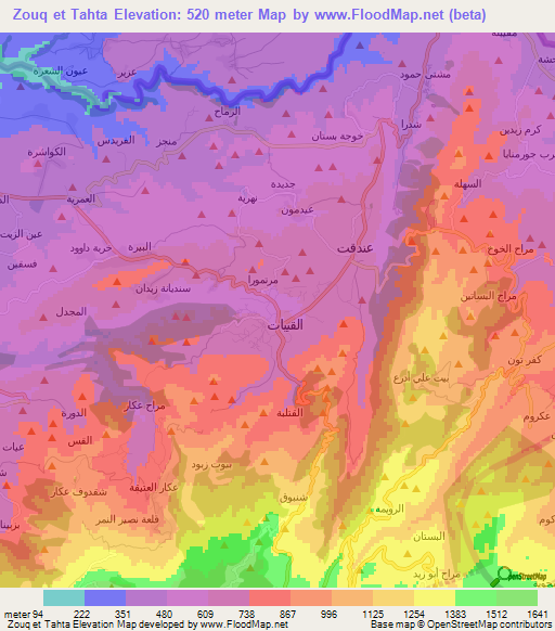 Zouq et Tahta,Lebanon Elevation Map