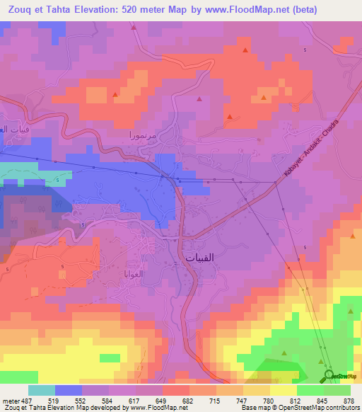 Zouq et Tahta,Lebanon Elevation Map