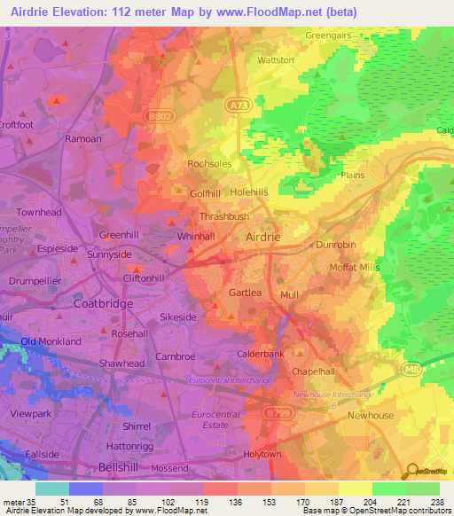 Airdrie,UK Elevation Map
