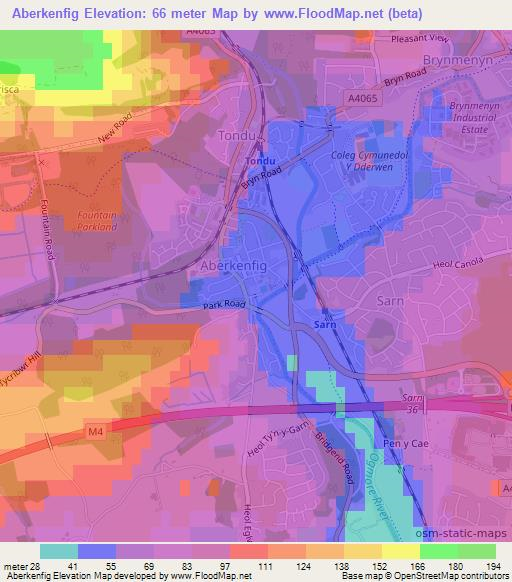 Aberkenfig,UK Elevation Map