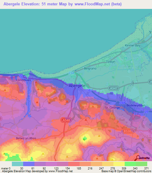 Abergele,UK Elevation Map