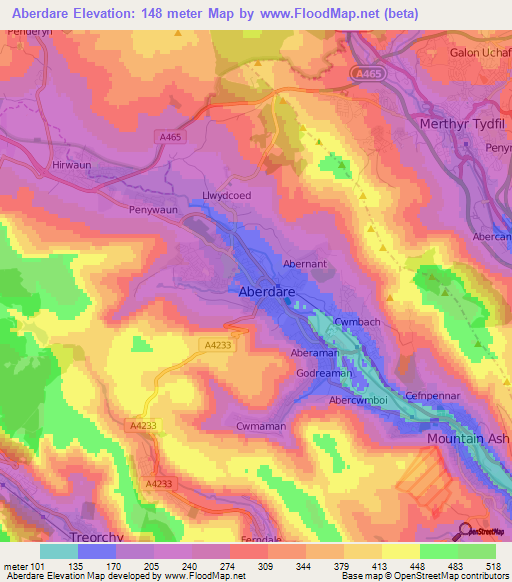 Aberdare,UK Elevation Map