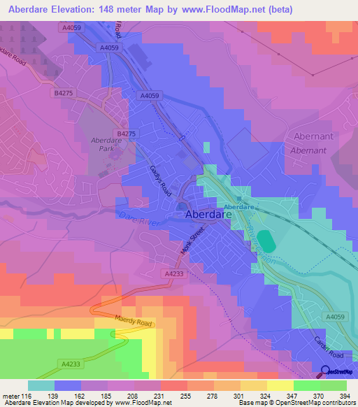 Aberdare,UK Elevation Map