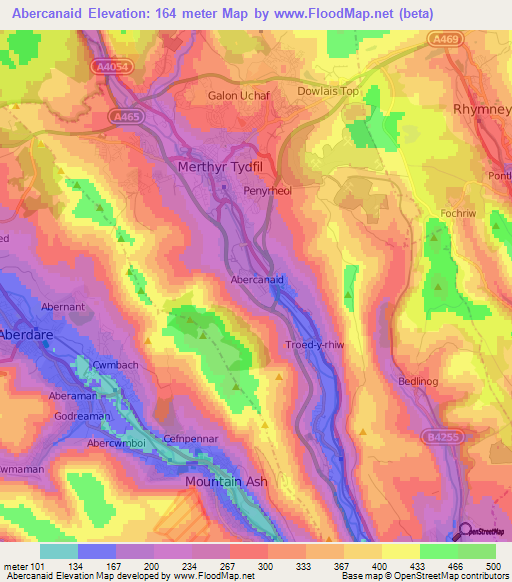 Abercanaid,UK Elevation Map