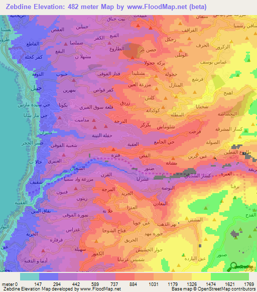 Zebdine,Lebanon Elevation Map