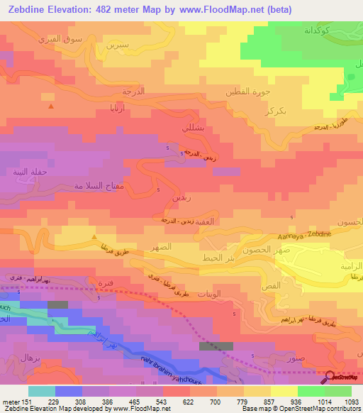 Zebdine,Lebanon Elevation Map