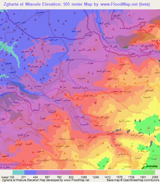Zgharta el Mtaoule,Lebanon Elevation Map