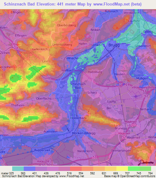 Schinznach Bad,Switzerland Elevation Map