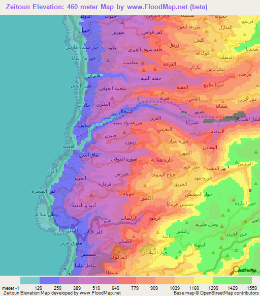 Zeitoun,Lebanon Elevation Map