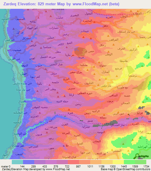 Zardeq,Lebanon Elevation Map