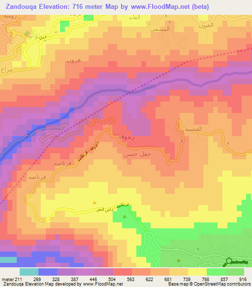 Zandouqa,Lebanon Elevation Map