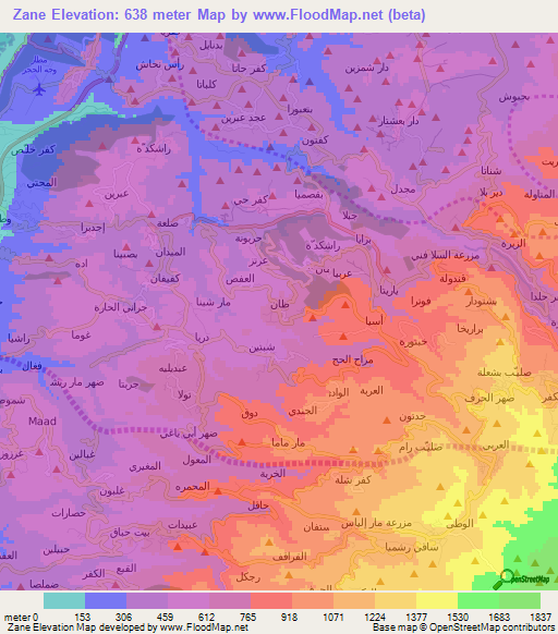 Zane,Lebanon Elevation Map