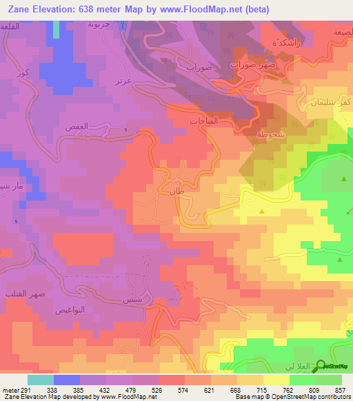 Zane,Lebanon Elevation Map