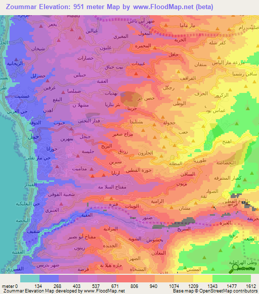 Zoummar,Lebanon Elevation Map