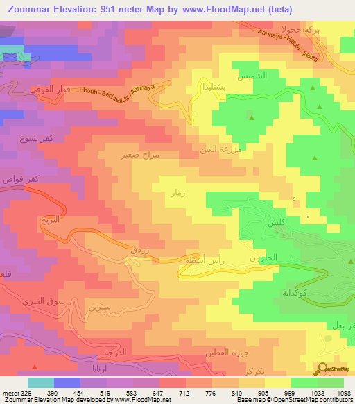 Zoummar,Lebanon Elevation Map