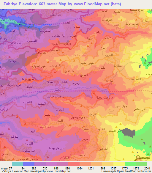 Zahriye,Lebanon Elevation Map
