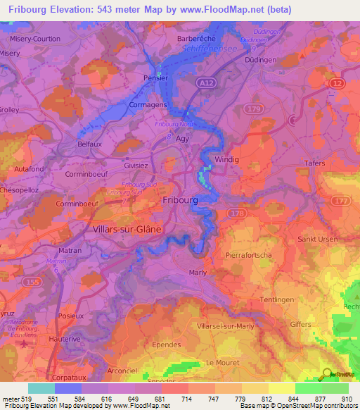 Fribourg,Switzerland Elevation Map