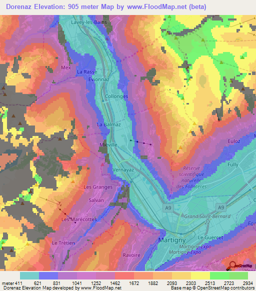 Dorenaz,Switzerland Elevation Map