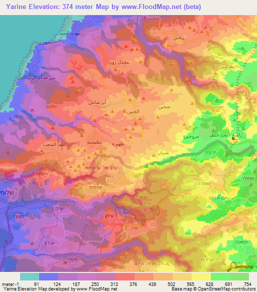 Yarine,Lebanon Elevation Map