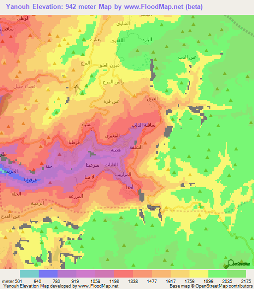 Yanouh,Lebanon Elevation Map