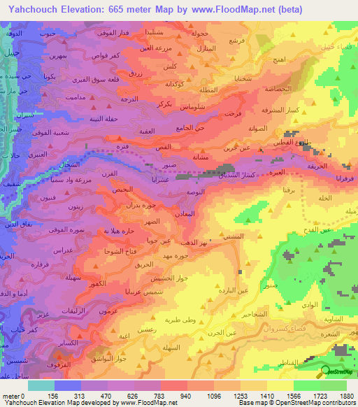 Yahchouch,Lebanon Elevation Map