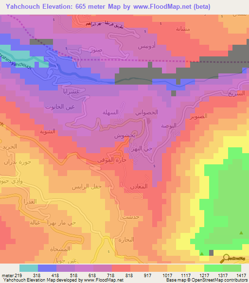 Yahchouch,Lebanon Elevation Map