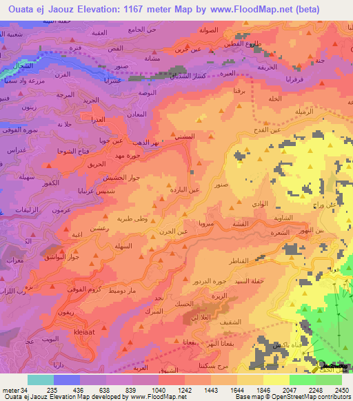 Ouata ej Jaouz,Lebanon Elevation Map