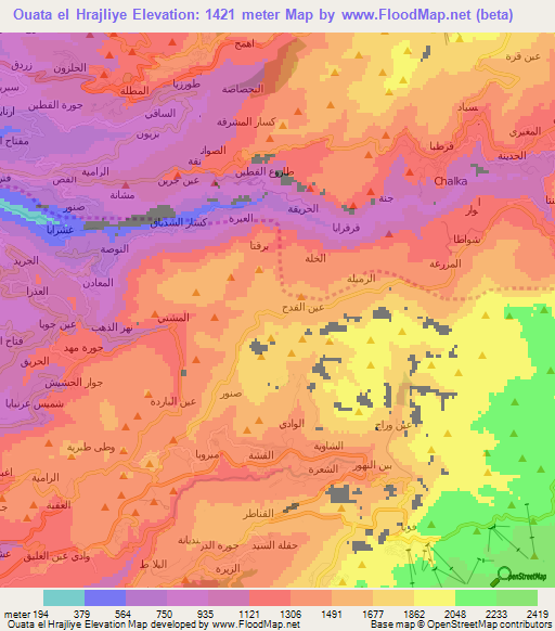 Ouata el Hrajliye,Lebanon Elevation Map