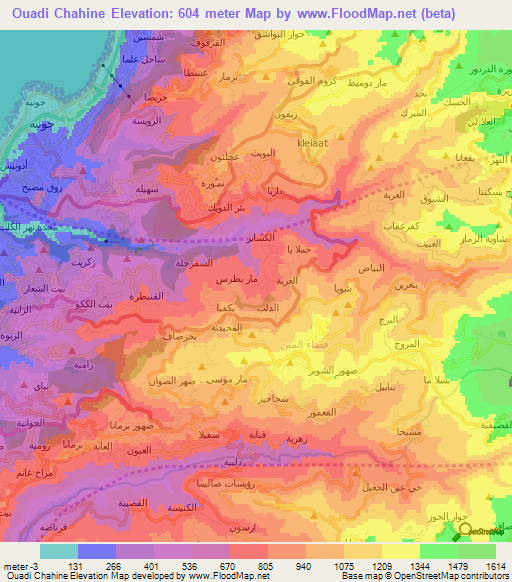 Ouadi Chahine,Lebanon Elevation Map