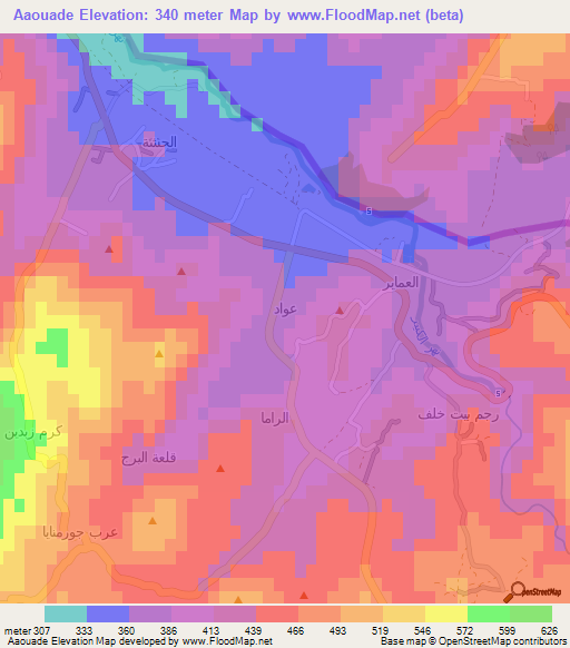 Aaouade,Lebanon Elevation Map