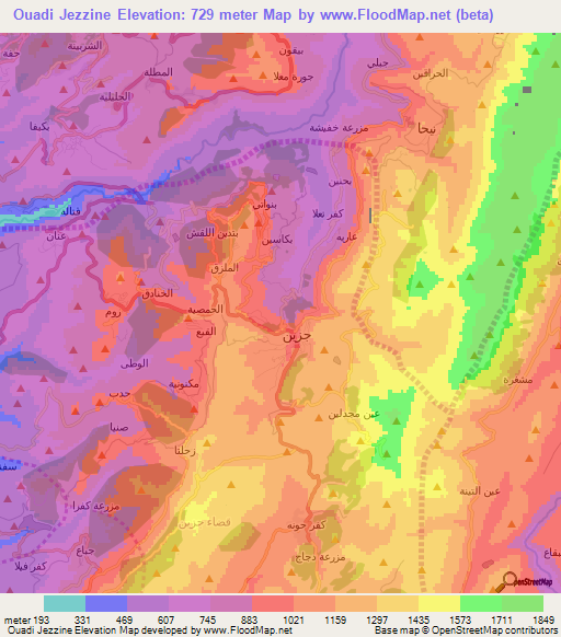 Ouadi Jezzine,Lebanon Elevation Map