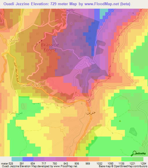 Ouadi Jezzine,Lebanon Elevation Map