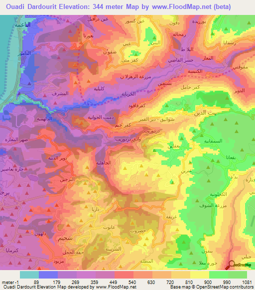 Ouadi Dardourit,Lebanon Elevation Map