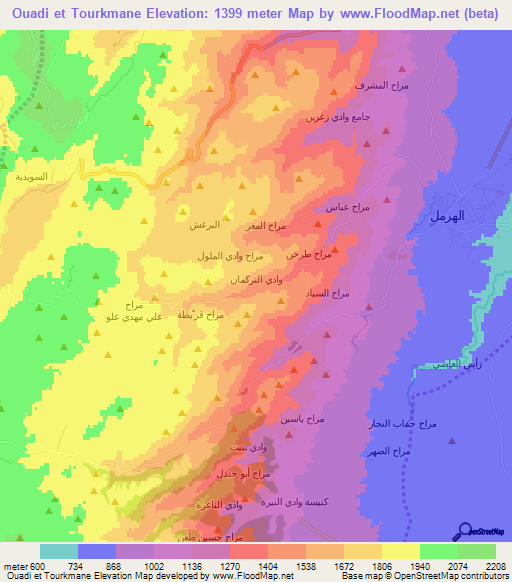 Ouadi et Tourkmane,Lebanon Elevation Map
