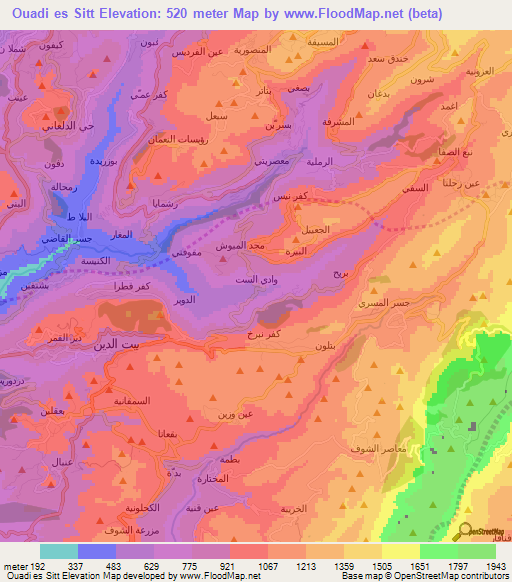 Ouadi es Sitt,Lebanon Elevation Map
