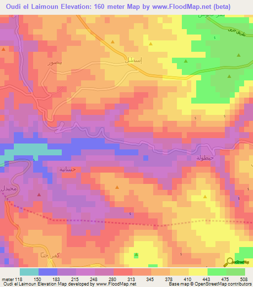 Oudi el Laimoun,Lebanon Elevation Map