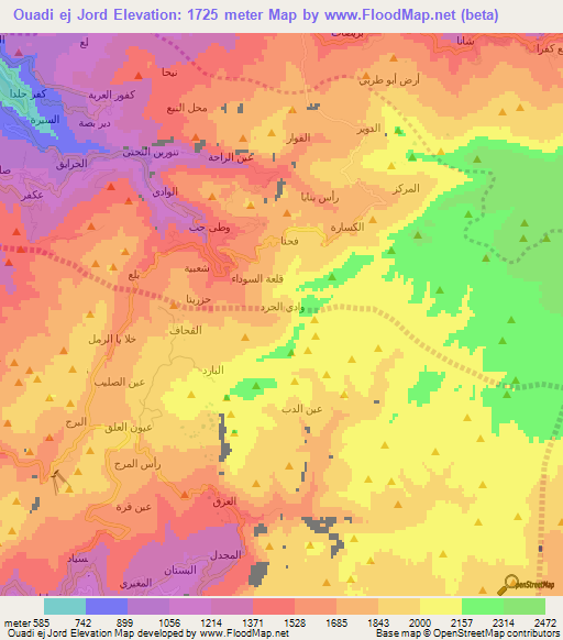 Ouadi ej Jord,Lebanon Elevation Map