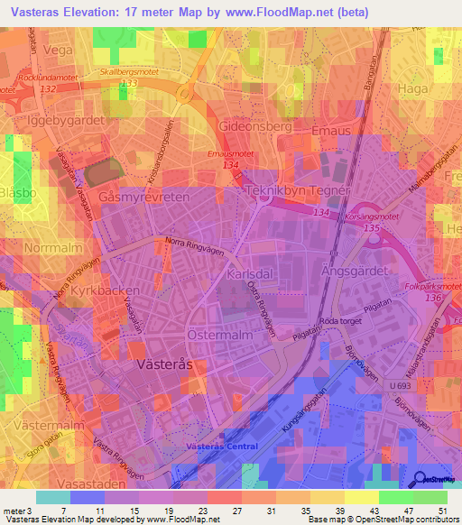 Vasteras,Sweden Elevation Map