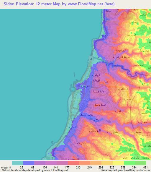 Sidon,Lebanon Elevation Map