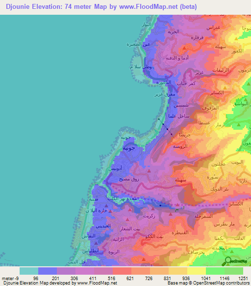 Djounie,Lebanon Elevation Map