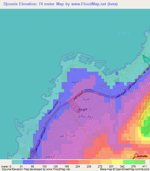 Djounie,Lebanon Elevation Map