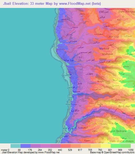 Jbail,Lebanon Elevation Map