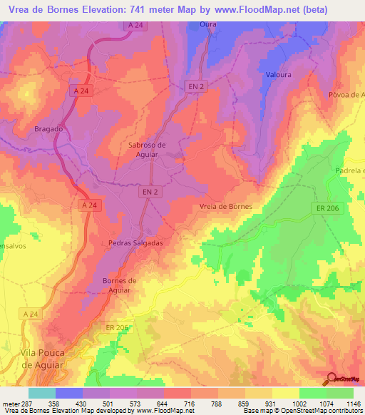 Vrea de Bornes,Portugal Elevation Map