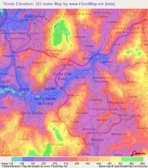 Vizela,Portugal Elevation Map