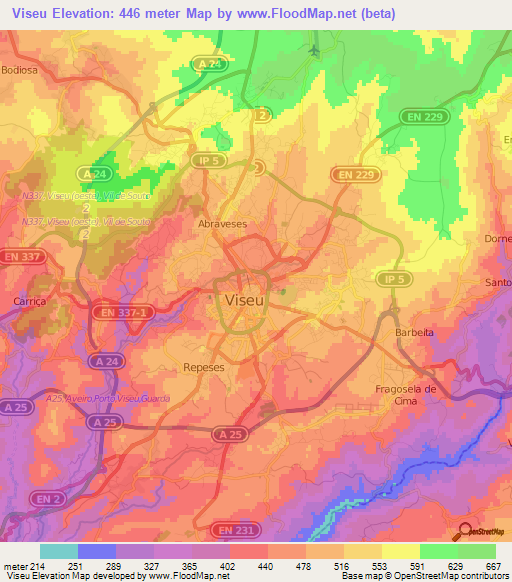 Viseu,Portugal Elevation Map