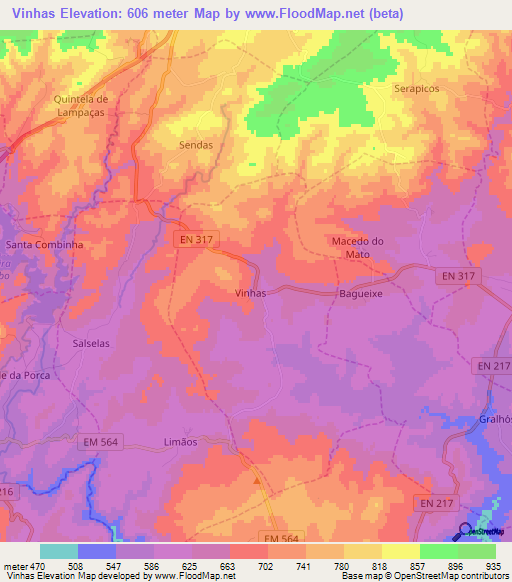Vinhas,Portugal Elevation Map