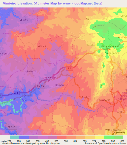 Vimieiro,Portugal Elevation Map